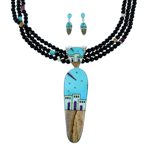 Native American Pueblo Design Multicolor Silver Necklace And Earring Set PX35234